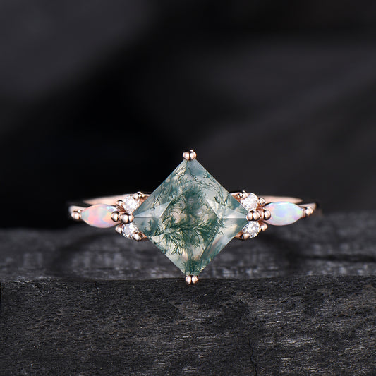 2CT Natural Princess Cut Moss Agate Engagement Ring: Moissanite & Marqusie Opal Accents