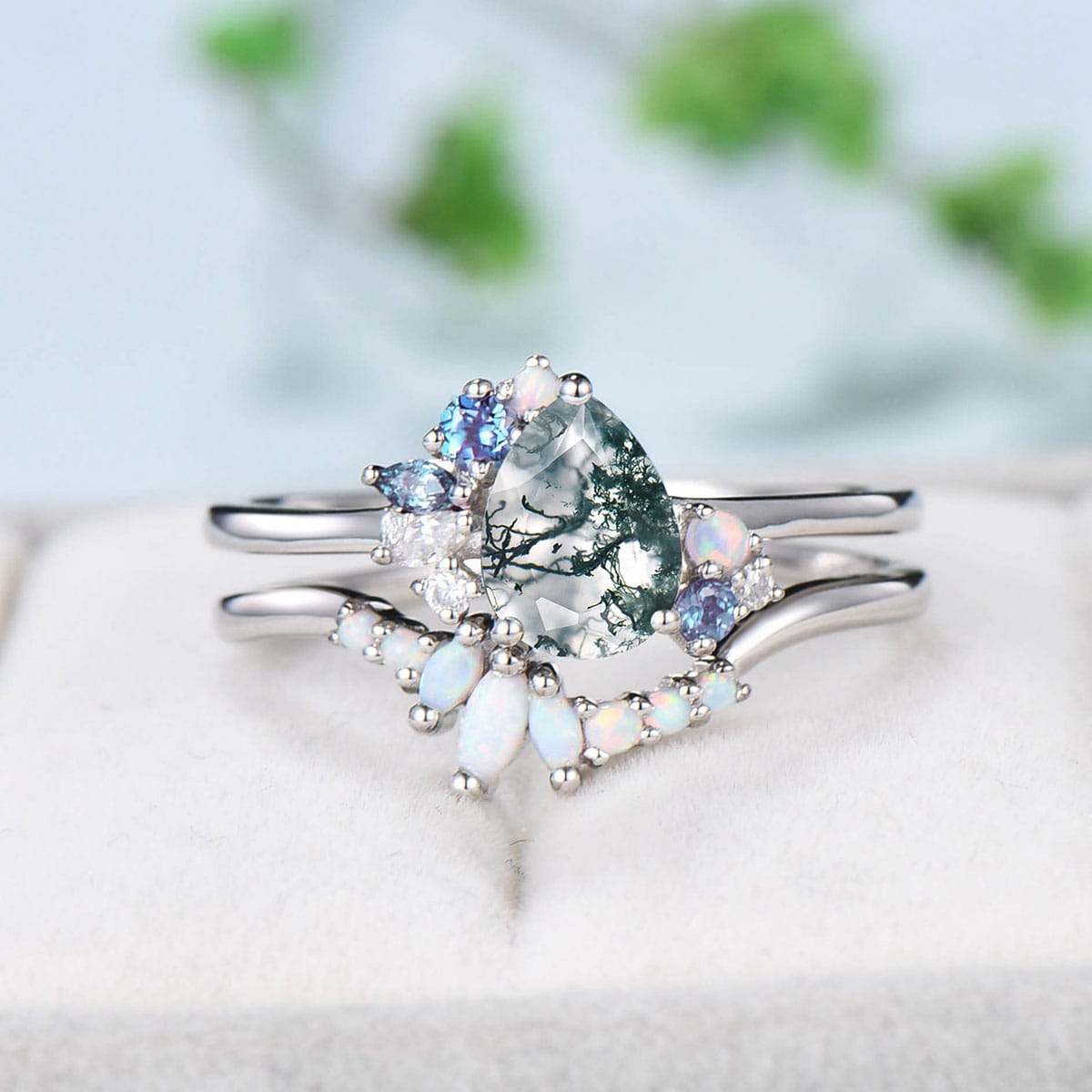 Vintage Pear moss agate ring set white gold silver unique agate engagement  ring cluster alexandrite wedding ring set opal stacking band
