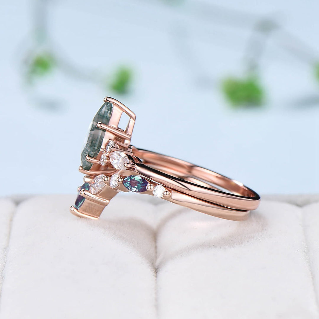 Vintage moss agate ring rose gold unique Kite cut aquatic agate engagement ring cluster alexandrite moissanite gold bridal wedding ring set - PENFINE