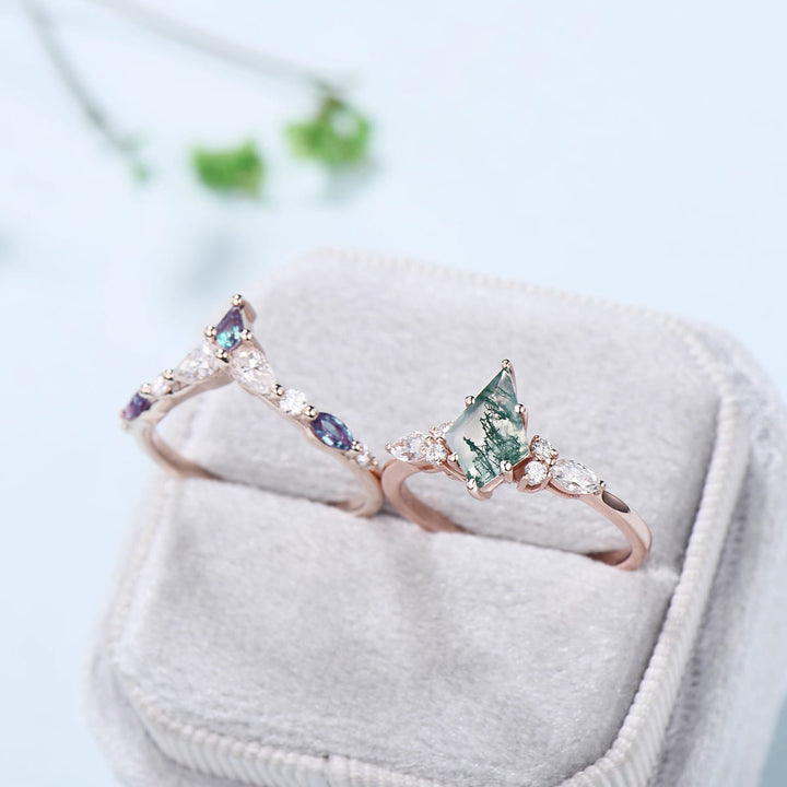 Vintage moss agate ring rose gold unique Kite cut aquatic agate engagement ring cluster alexandrite moissanite gold bridal wedding ring set - PENFINE