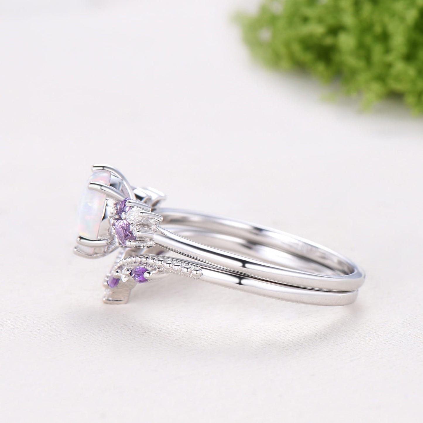 Unique White Opal Engagement Ring Set Alternative Cluster Amethyst Fire Opal Wedding Ring Vintage Bee Opal Amethyst Bridal Set For Women