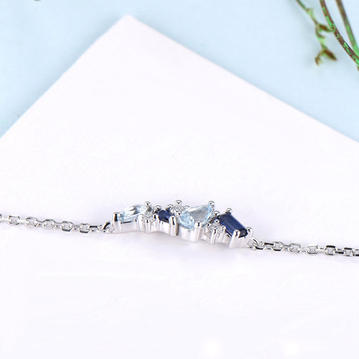 Elegant Pear Shaped Aquamarine Bracelet Multi-Stone Baguette Blue Sapphire Lobster Claw Bracelet Silver Gold Art Deco Anniversary Gift Women - PENFINE