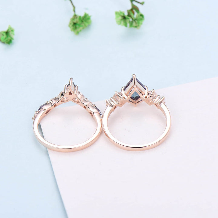 Vintage moss agate ring rose gold unique Kite cut aquatic agate engagement ring cluster alexandrite moissanite gold bridal wedding ring set - PENFINE