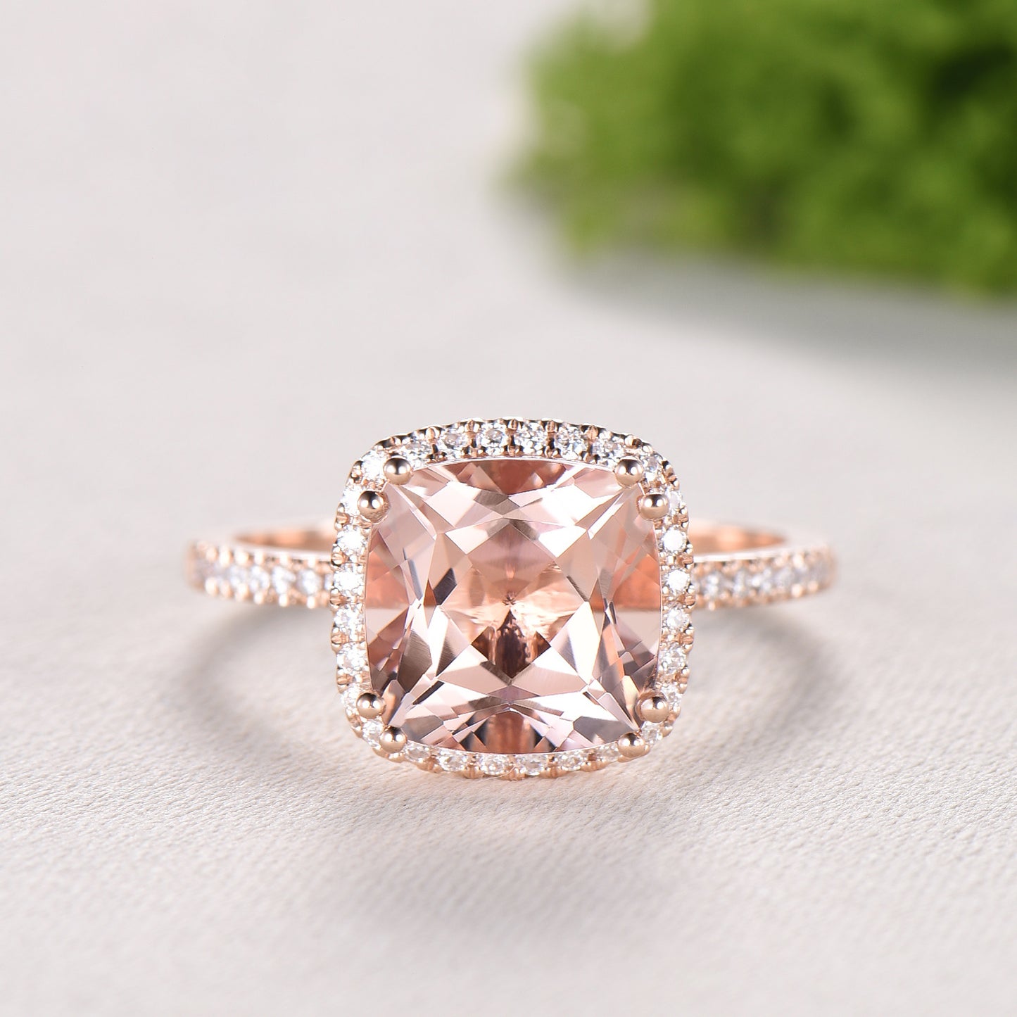 3ct cushion cut natural morganite engagement ring set Vintage 14k rose gold bridal ring set Full eternity Milgrain matching band - PENFINE
