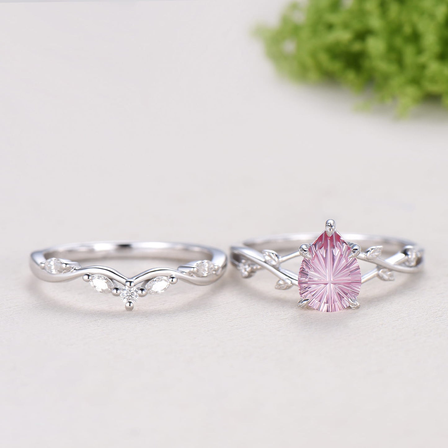 New Starburst Cut Padparadscha Sapphire Engagement Ring Set: Nature Inspired Leaf Twig Bridal Set