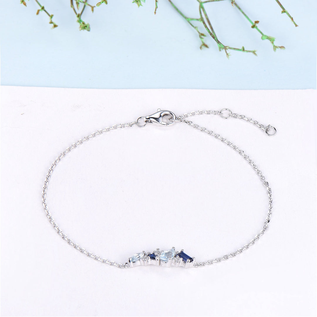 Elegant Pear Shaped Aquamarine Bracelet Multi-Stone Baguette Blue Sapphire Lobster Claw Bracelet Silver Gold Art Deco Anniversary Gift Women - PENFINE