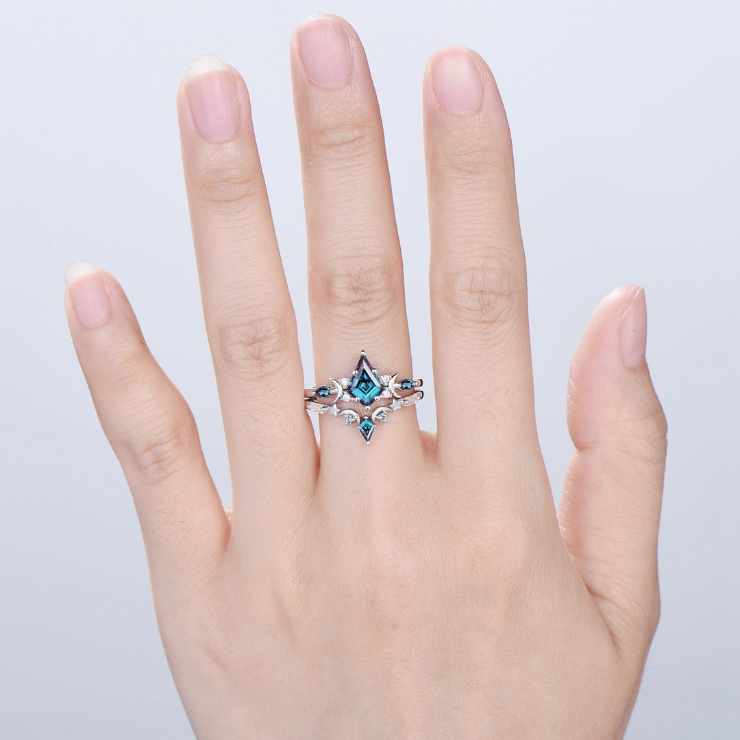 Crescent Moon kite cut alexandrite engagement ring set silver white gold art deco marquise color change birthstone ring 2pcs star bridal set - PENFINE