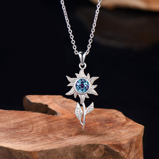 Elegant Alexandrite Sunflower Necklace, Color Change Leaf Vine Branch Pendant