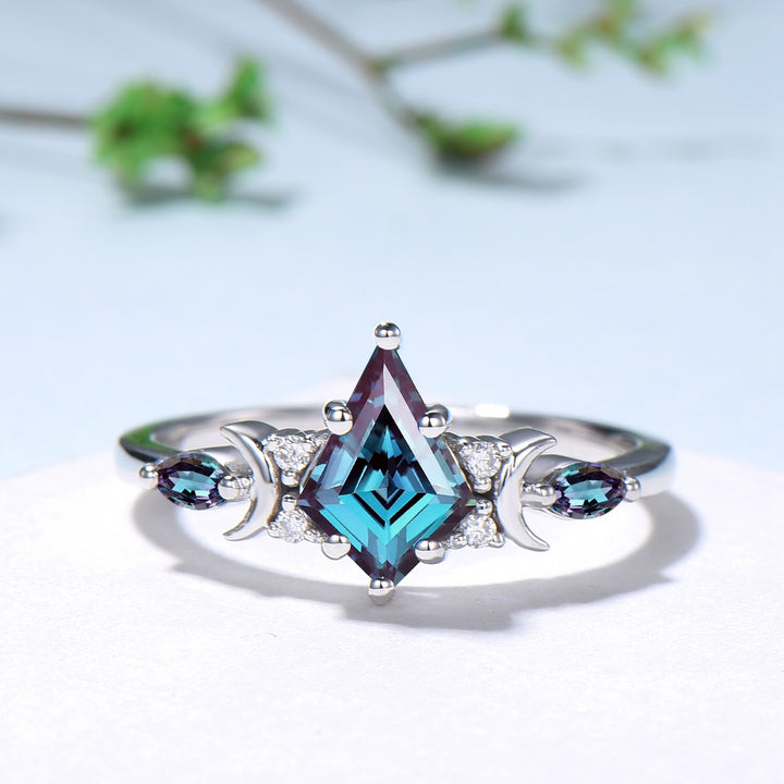 Crescent Moon kite cut alexandrite engagement ring set silver white gold art deco marquise color change birthstone ring 2pcs star bridal set - PENFINE