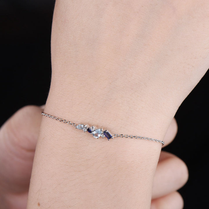 Elegant Pear Shaped Aquamarine Bracelet Multi-Stone Baguette Blue Sapphire Lobster Claw Bracelet Silver Gold Art Deco Anniversary Gift Women - PENFINE