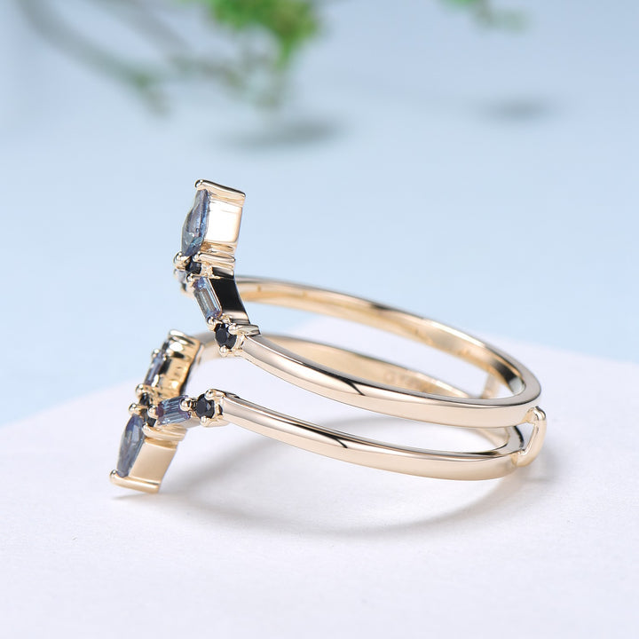 Double V curved kite baguette alexandrite wedding band enhancer wraps solid rose gold vintage black spinel stacking band anniversary gift - PENFINE