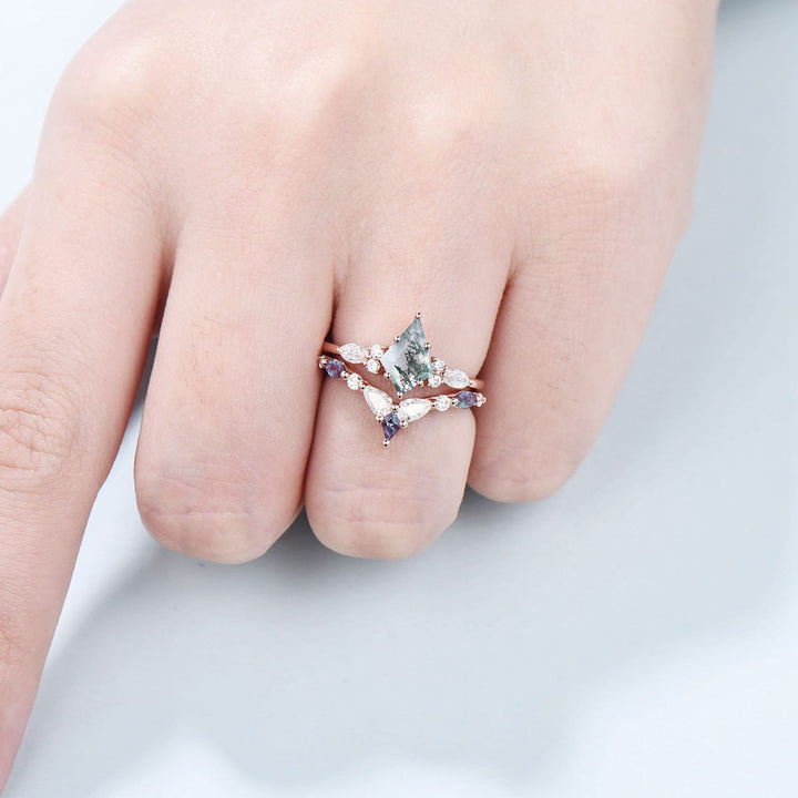 Vintage moss agate ring rose gold unique Kite cut aquatic agate engagement ring cluster alexandrite moissanite gold bridal wedding ring set - PENFINE