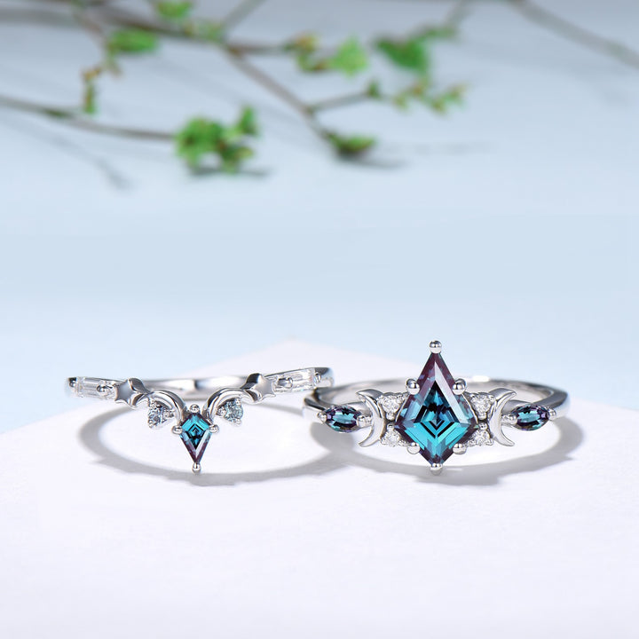 Crescent Moon kite cut alexandrite engagement ring set silver white gold art deco marquise color change birthstone ring 2pcs star bridal set - PENFINE