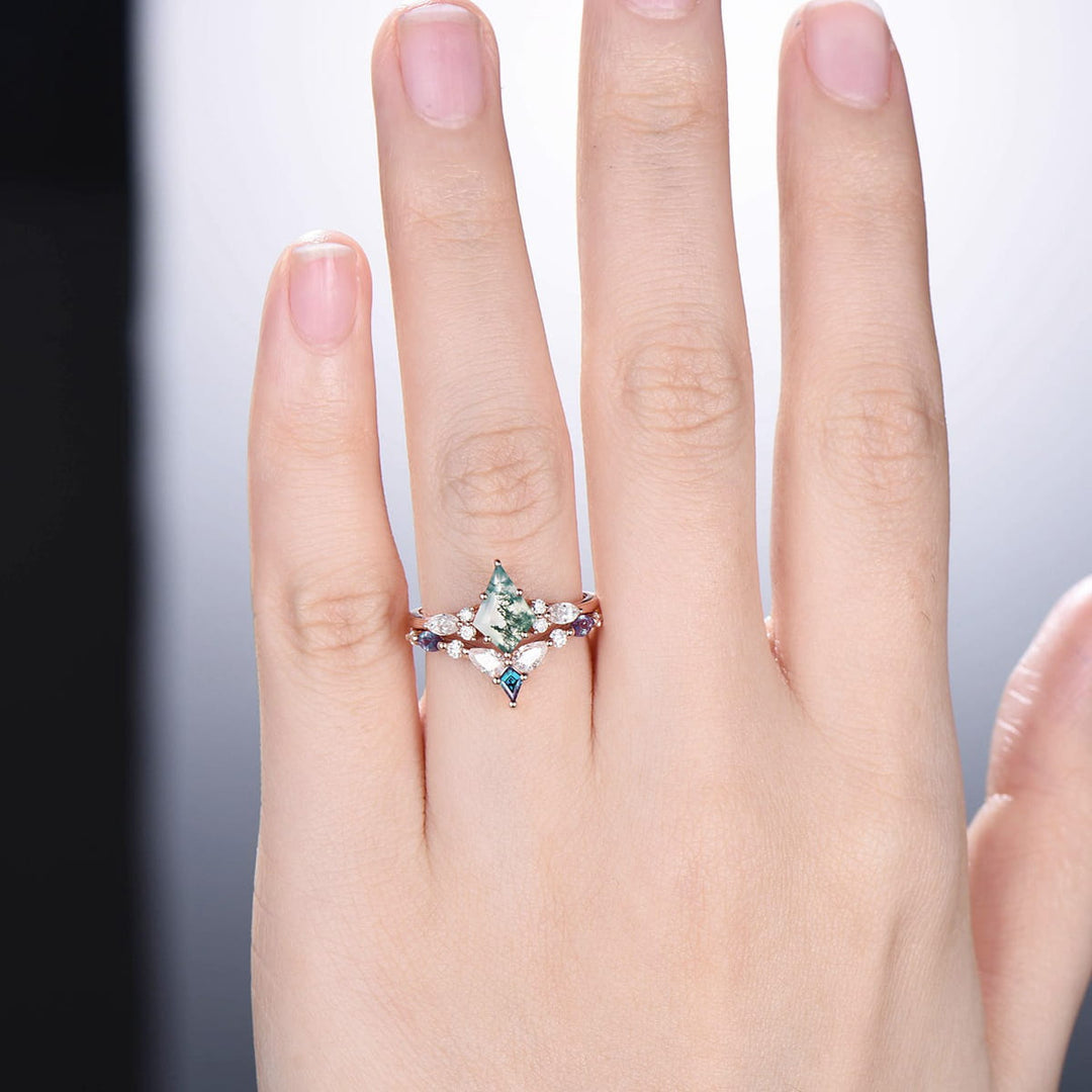 Vintage moss agate ring rose gold unique Kite cut aquatic agate engagement ring cluster alexandrite moissanite gold bridal wedding ring set - PENFINE