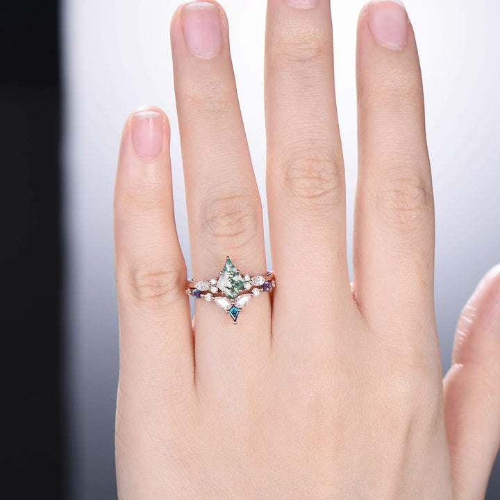 Vintage moss agate ring rose gold unique Kite cut aquatic agate engagement ring cluster alexandrite moissanite gold bridal wedding ring set - PENFINE