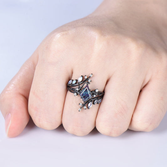 Gothic Black Gold 1.5CT Kite Cut Starburst Alexandrite Moonstone Engagement Ring Set