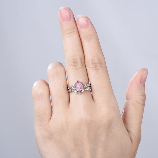 New Starburst Cut Padparadscha Sapphire Engagement Ring Set: Nature Inspired Leaf Twig Bridal Set