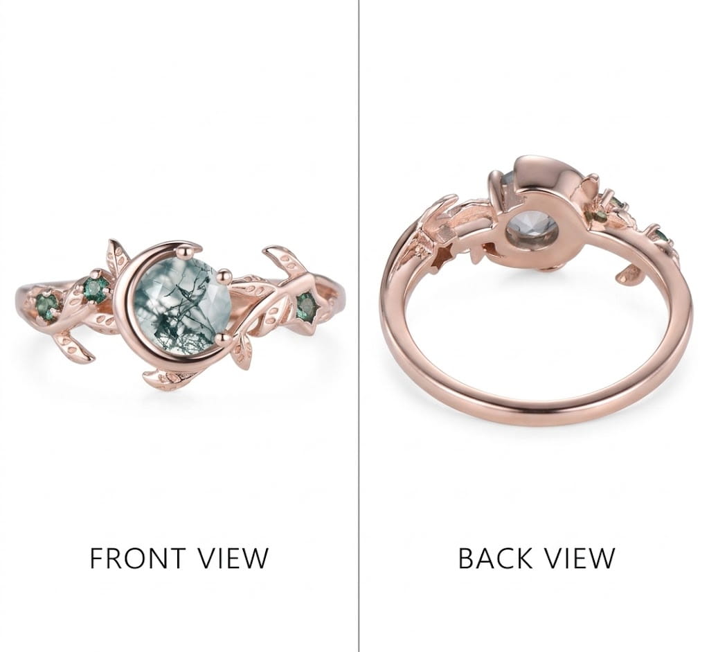 Leaf Moon Star moss agate engagement ring, 10k rose gold, size US 5.5