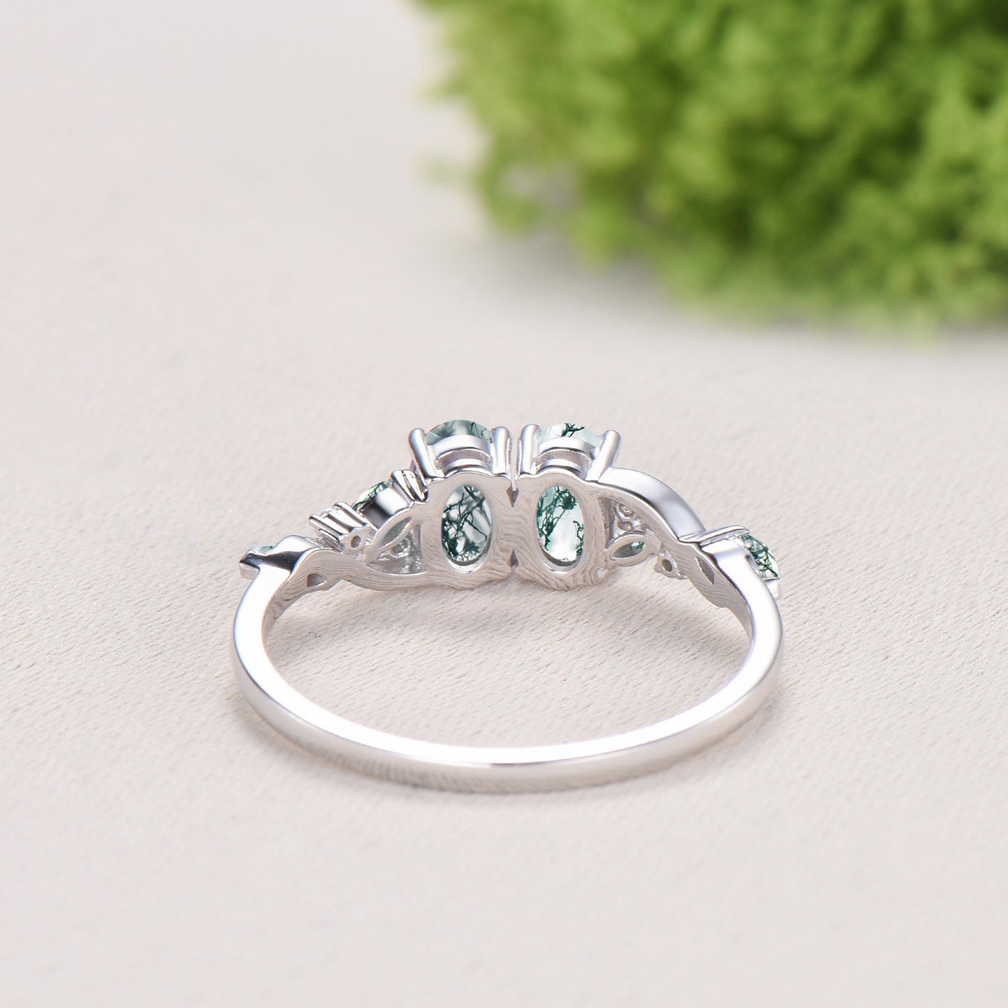 Natural Oval Cut Toi et Moi Moss Agate Engagement Ring | 14K White Gold Marquise Cut Vine Eternity Band - PENFINE