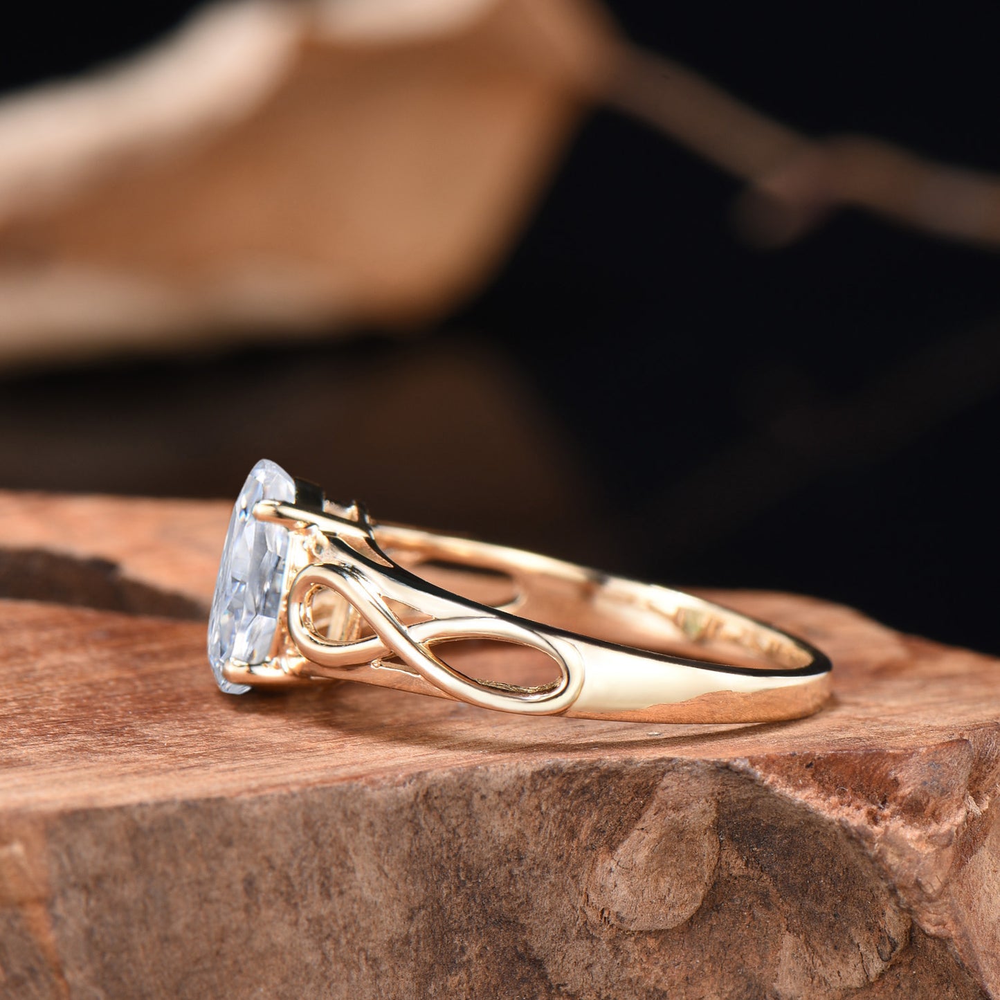 Oval Moissanite Engagement Ring, 14k Yellow Gold Infinite Love Band