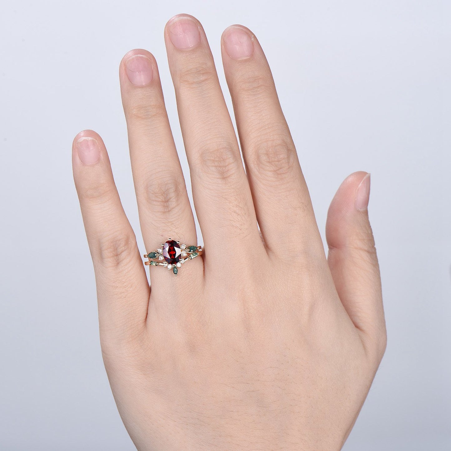 Vintage Oval Garnet Engagement Ring Set, Accent Marquise Moss Agate Yellow Gold Bridal Ring - PENFINE