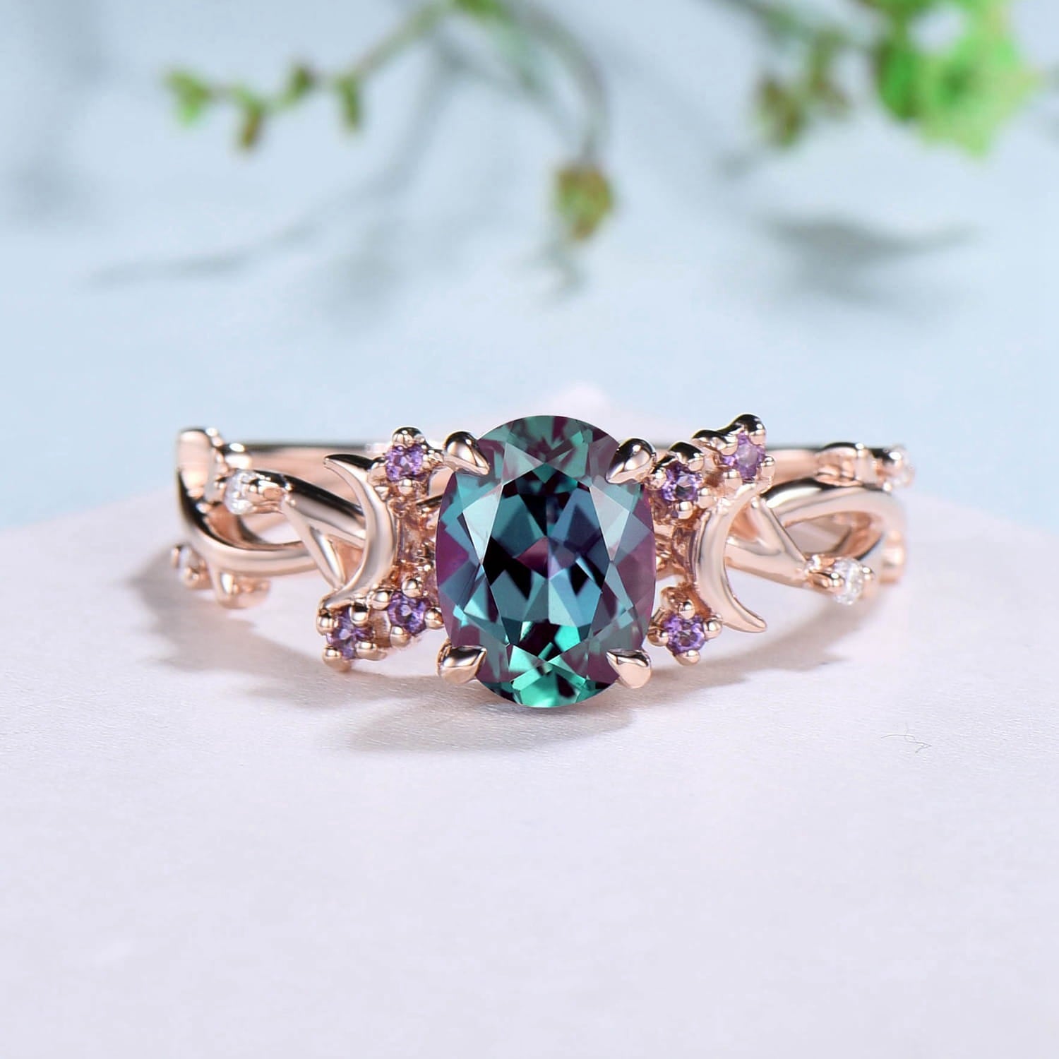 1.5CT Oval Cut Alexandrite Ring Twig Branch Color Change Moon