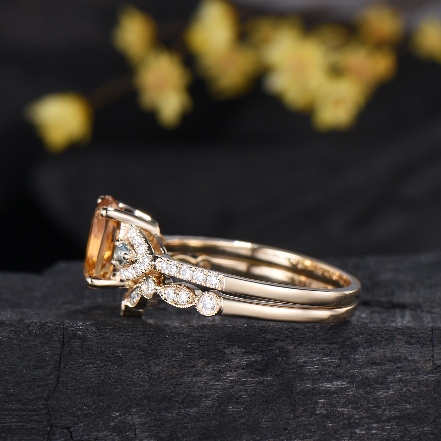 Oval Cut Natural Citrine Engagement Ring Diamond Matching Band Cluster Bridal Set