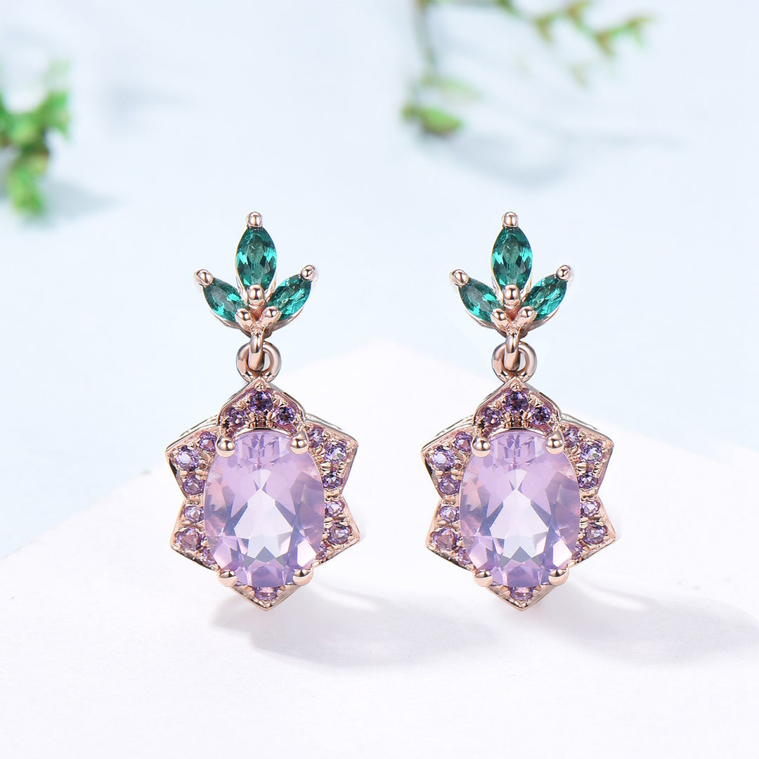 Vintage Lavender Amethyst earrings Unique  Halo Amethyst Marquise Emerald Stud Earrings  Women 14k 18k rose gold Febmber birthstone earrings - PENFINE