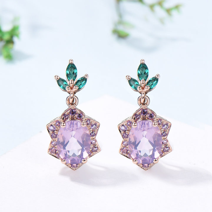 Vintage Lavender Amethyst earrings Unique  Halo Amethyst Marquise Emerald Stud Earrings  Women 14k 18k rose gold Febmber birthstone earrings - PENFINE