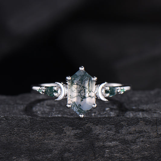 Elongated Hexagon Moss Agate Engagement Ring | Crescent Moon Vintage Gothic Ring