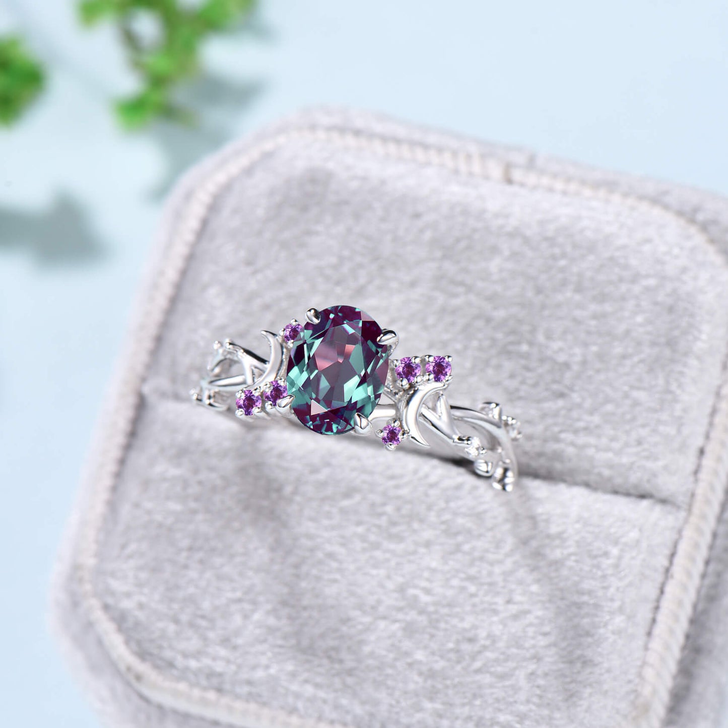 1.5CT Oval Cut Alexandrite Ring Twig Branch Color Change Moon Engagement Ring Vintage Unique Cluster Amethyst Wedding Ring Gift For Women - PENFINE