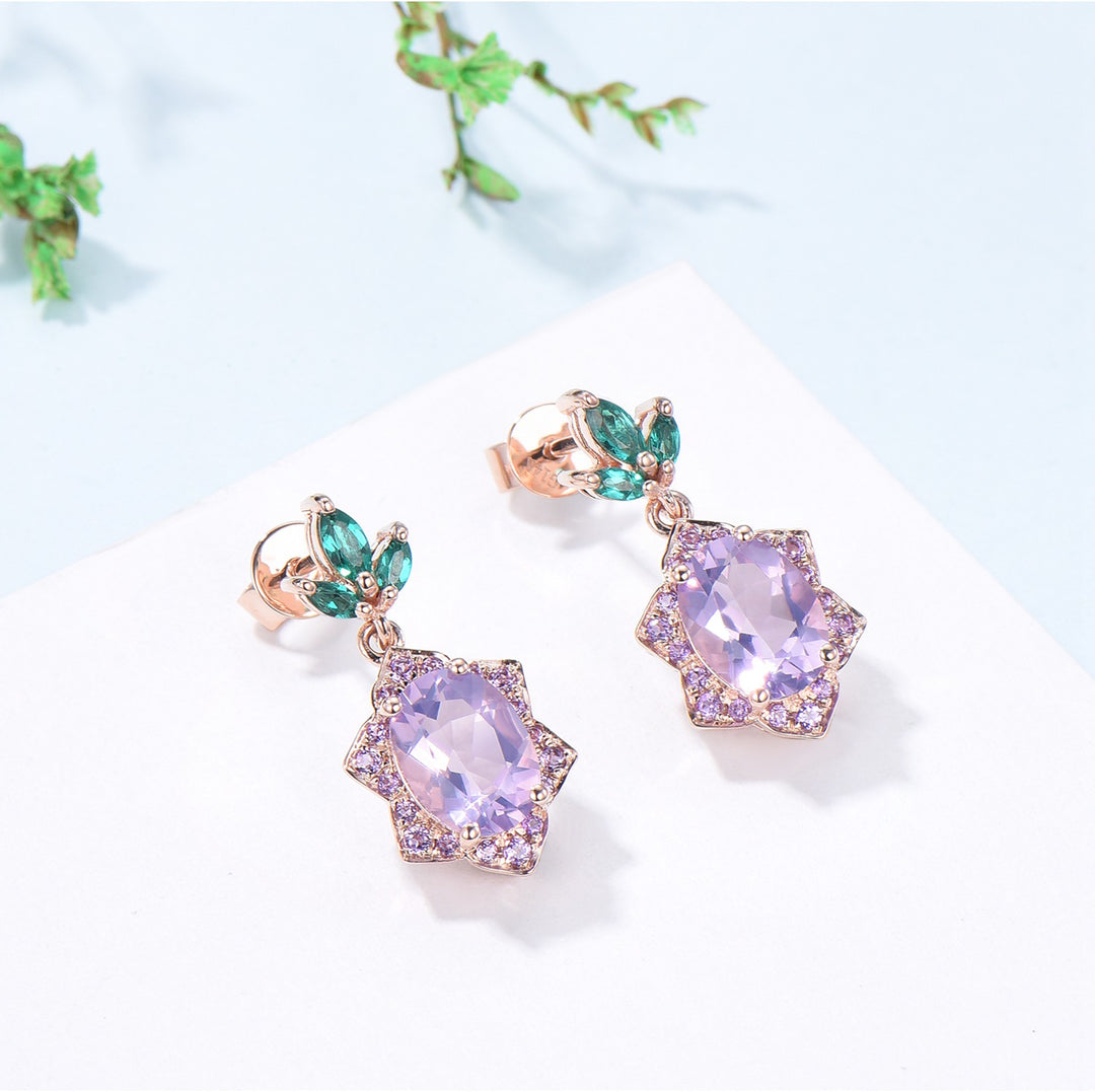 Vintage Lavender Amethyst earrings Unique  Halo Amethyst Marquise Emerald Stud Earrings  Women 14k 18k rose gold Febmber birthstone earrings - PENFINE