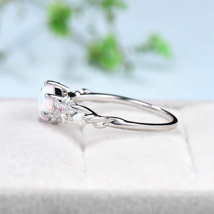 Flower Opal Ring Hexagon White Opal Engagement Vintage Unique Floral Wwedding Ring Leaves Nature Inspired Twist Pink Tourmaline Bridal Ring - PENFINE