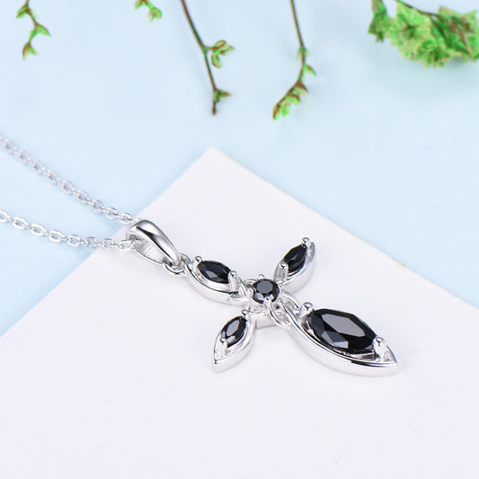 Dainty Black Spinel Cross Necklace, Sterling Silver Celtic Pendant - PENFINE