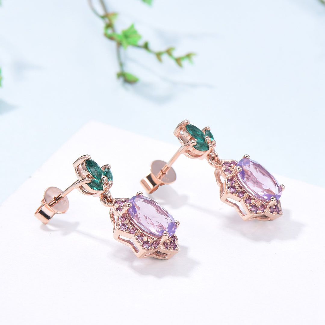 Vintage Lavender Amethyst earrings Unique  Halo Amethyst Marquise Emerald Stud Earrings  Women 14k 18k rose gold Febmber birthstone earrings - PENFINE