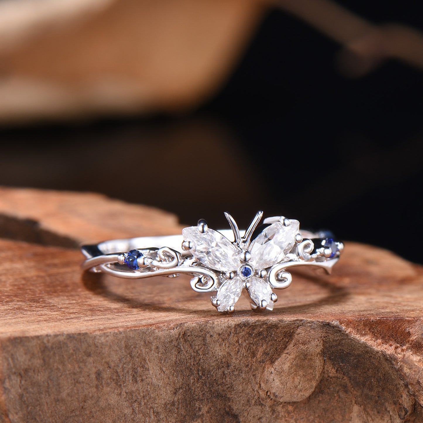 Handmade Butterfly Moissanite Engagement Ring, Sapphire Accent, White Gold