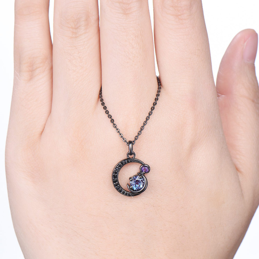 Unique Black Gold Alexandrite Necklace Magic Crescent Moon Amethyst Black Spinel Pendant Necklace Halloween Gothic Anniversary gift for girl - PENFINE