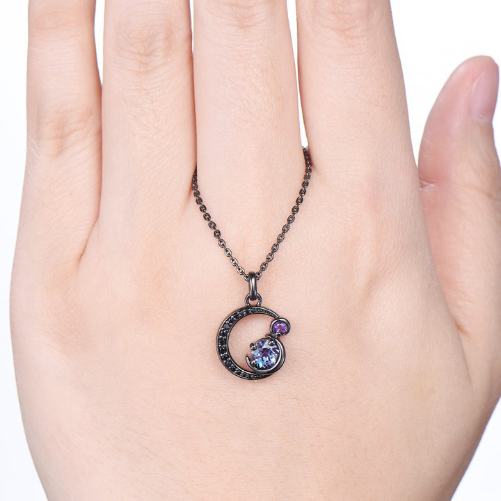 Unique Black Gold Alexandrite Necklace Magic Crescent Moon Amethyst Black Spinel Pendant Necklace Halloween Gothic Anniversary gift for girl - PENFINE