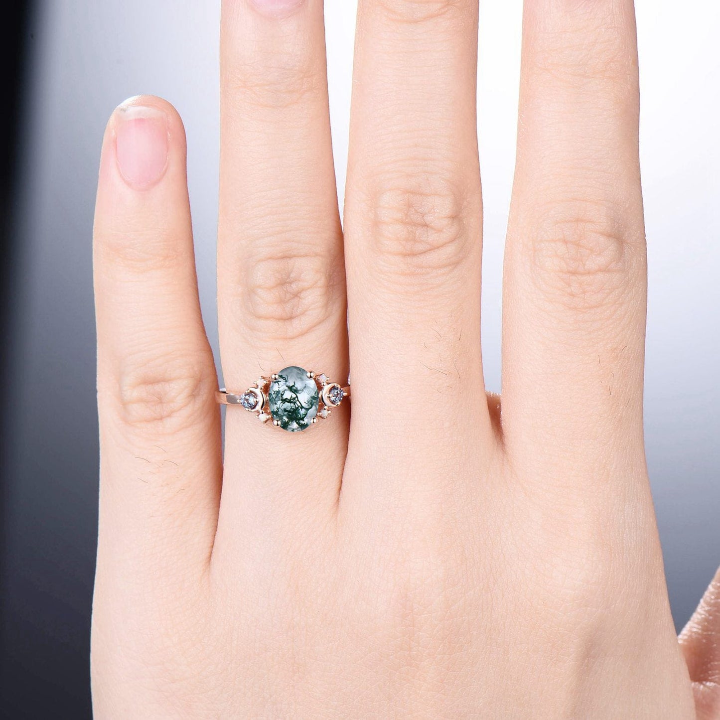 Vintage Moon Green Agate Ring Unique Nature Inspired Moss Agate Engagement Ring Alternative Cute Alexandrite Opal Wedding Ring For Women - PENFINE