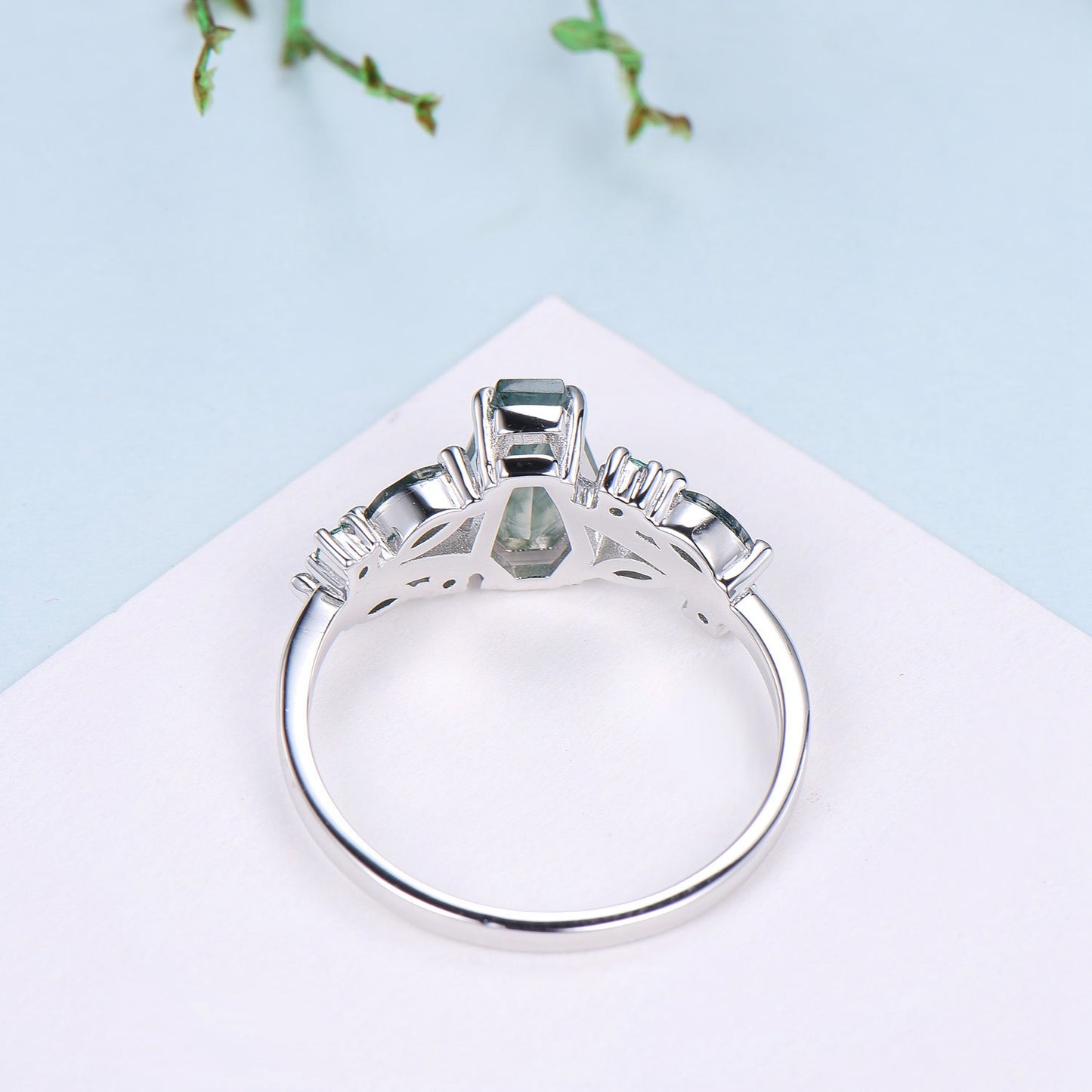 Unique Coffin Cut Moss Agate Ring Split Shank Engagement Ring Cluster Emerald Agate Wedding Ring MARRIED TILL BURIED Green Promise Ring Gift - PENFINE