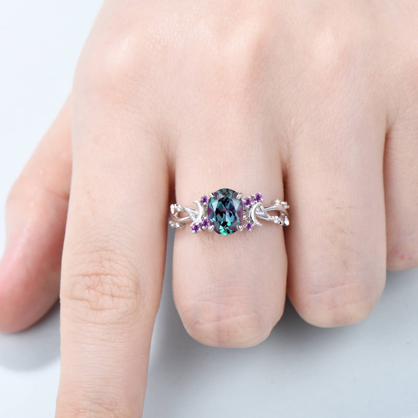 1.5CT Oval Cut Alexandrite Ring Twig Branch Color Change Moon Engagement Ring Vintage Unique Cluster Amethyst Wedding Ring Gift For Women - PENFINE