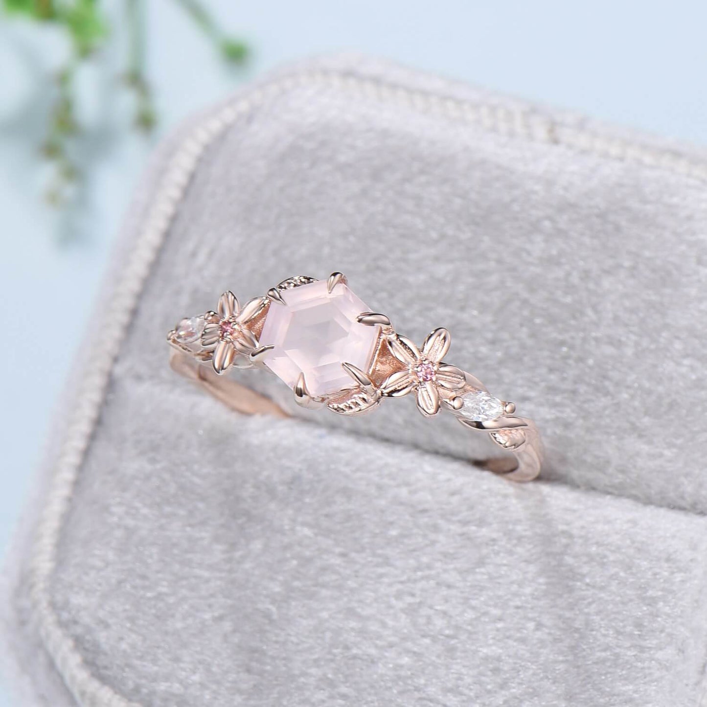 Nature Inspired Flower Rose Quartz Engagement Ring Vintage Unique Retro Pink Tourmaline Wedding Ring Leaves Twisted Wedding Ring For Women - PENFINE