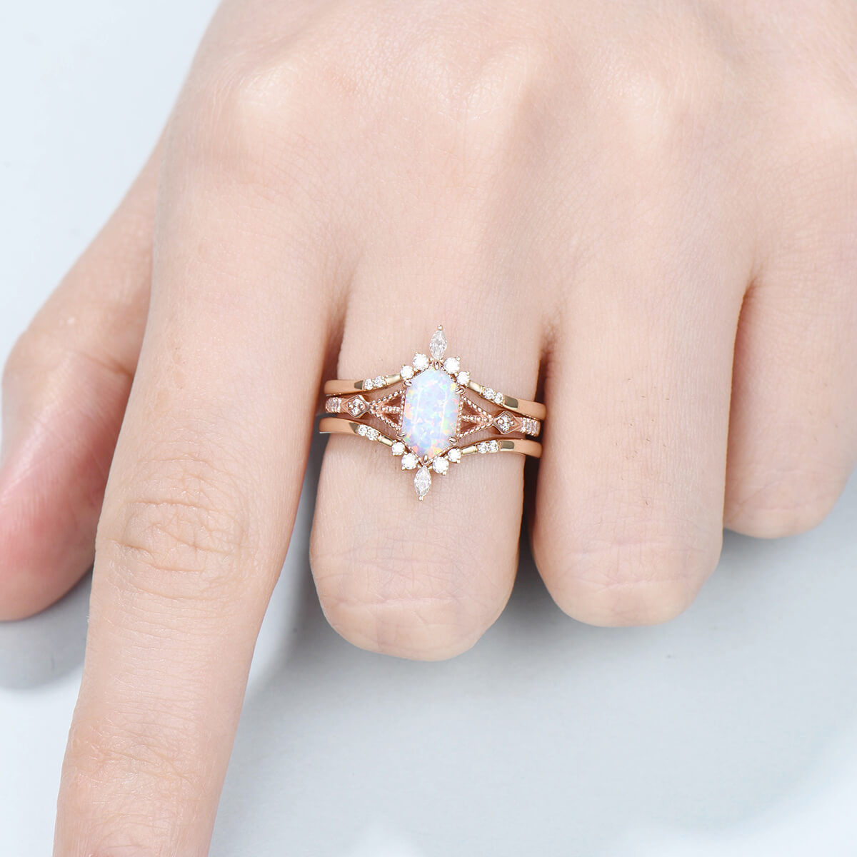 5X9mm long hexagon white opal ring engagement ring set vintage fire opal moissanite wedding ring set double curved v stacking matching band - PENFINE