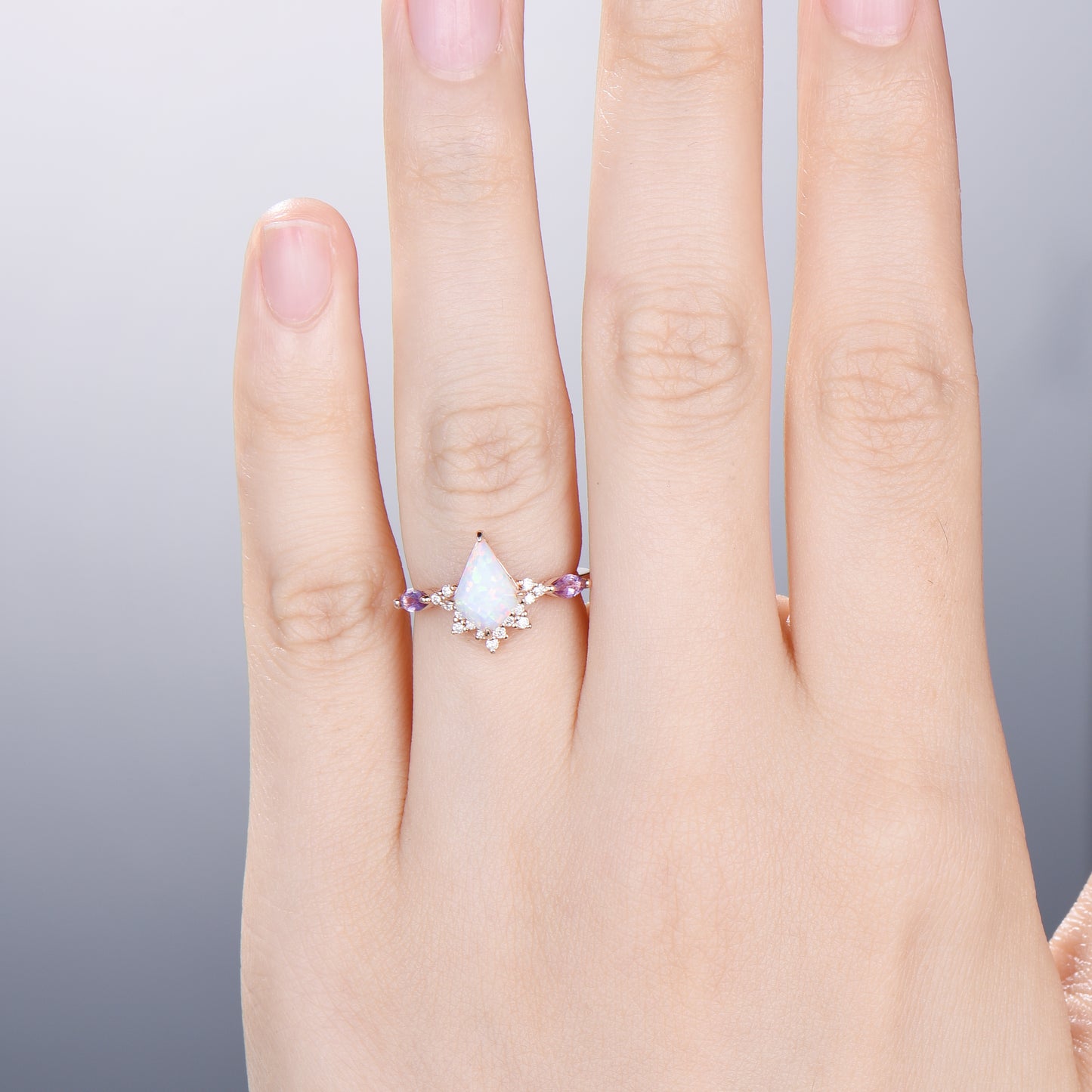 Unique opal and amethyst ring Vintage fire opal engagement ring solid 14k rose gold art deco kite cut cute opal wedding ring for women - PENFINE