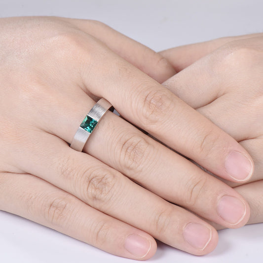 Men's Princess Cut Green Emerald Ring: 14K White Gold May Birthstone Gift For Him