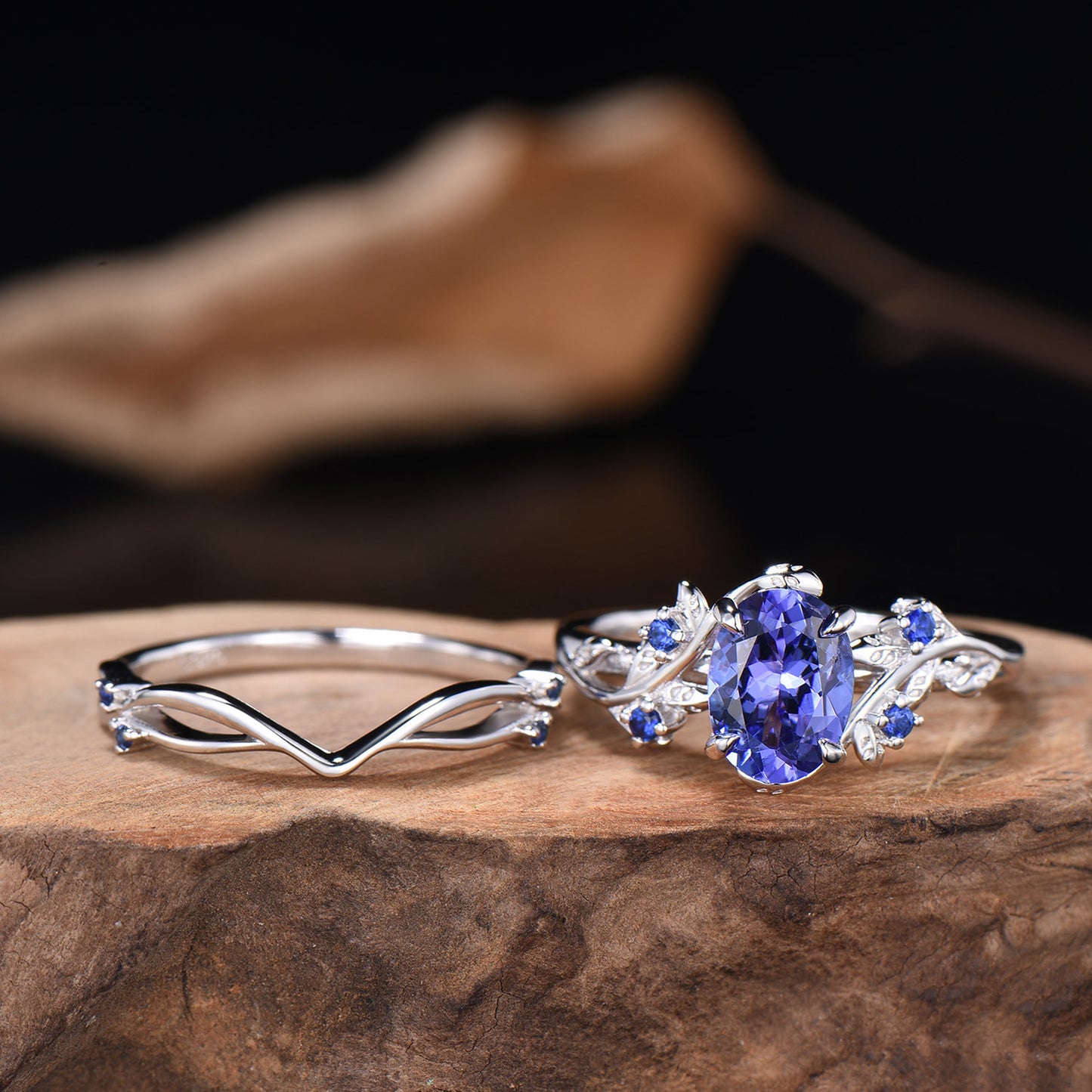 Natural Inspired Tanzanite Ring Set - Leaf Twig Sapphire Wedding Ring