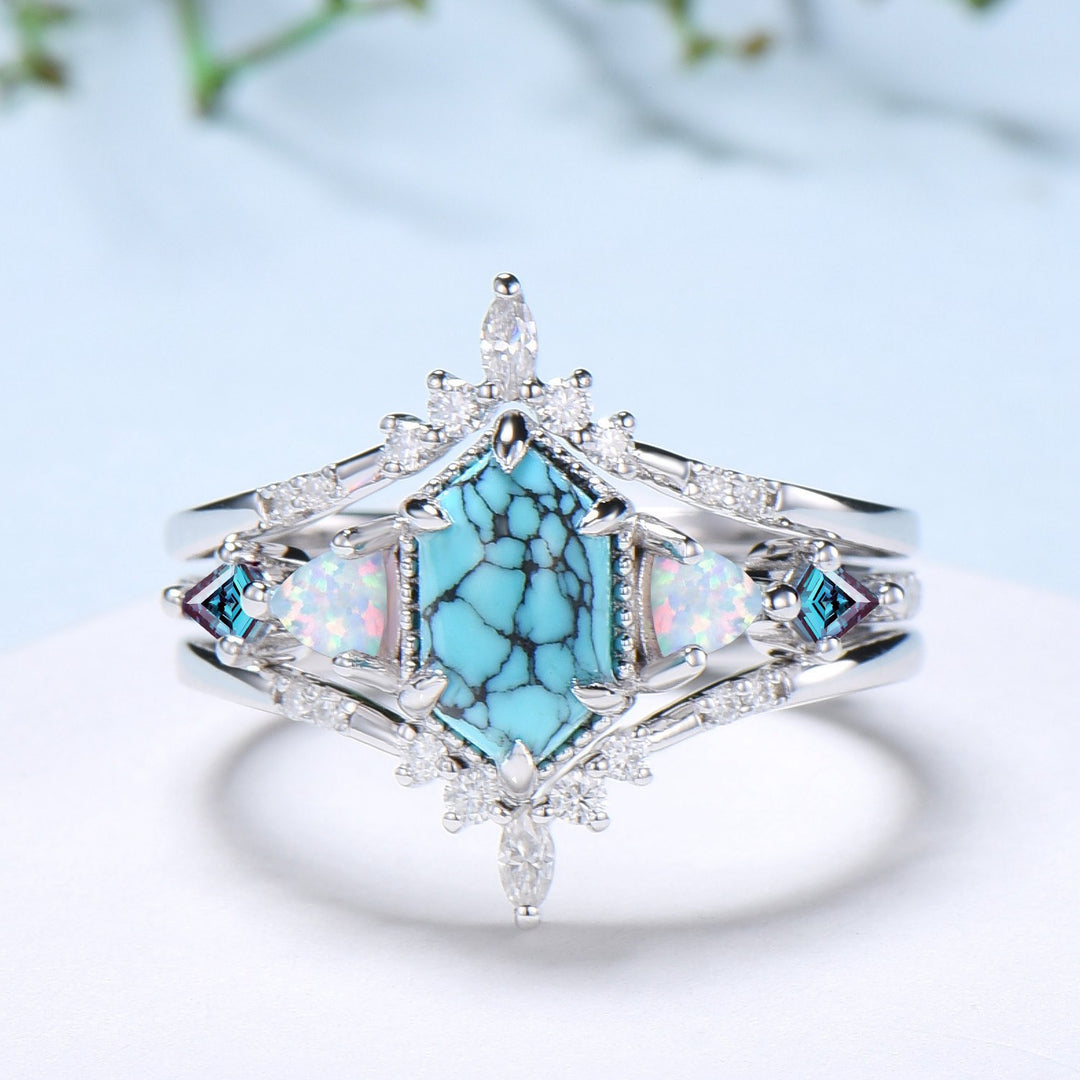 Vintage 5X9mm long hexagon turquoise engagement ring set unique triangle fire opal kite alexandrite wedding ring set double curved v band - PENFINE