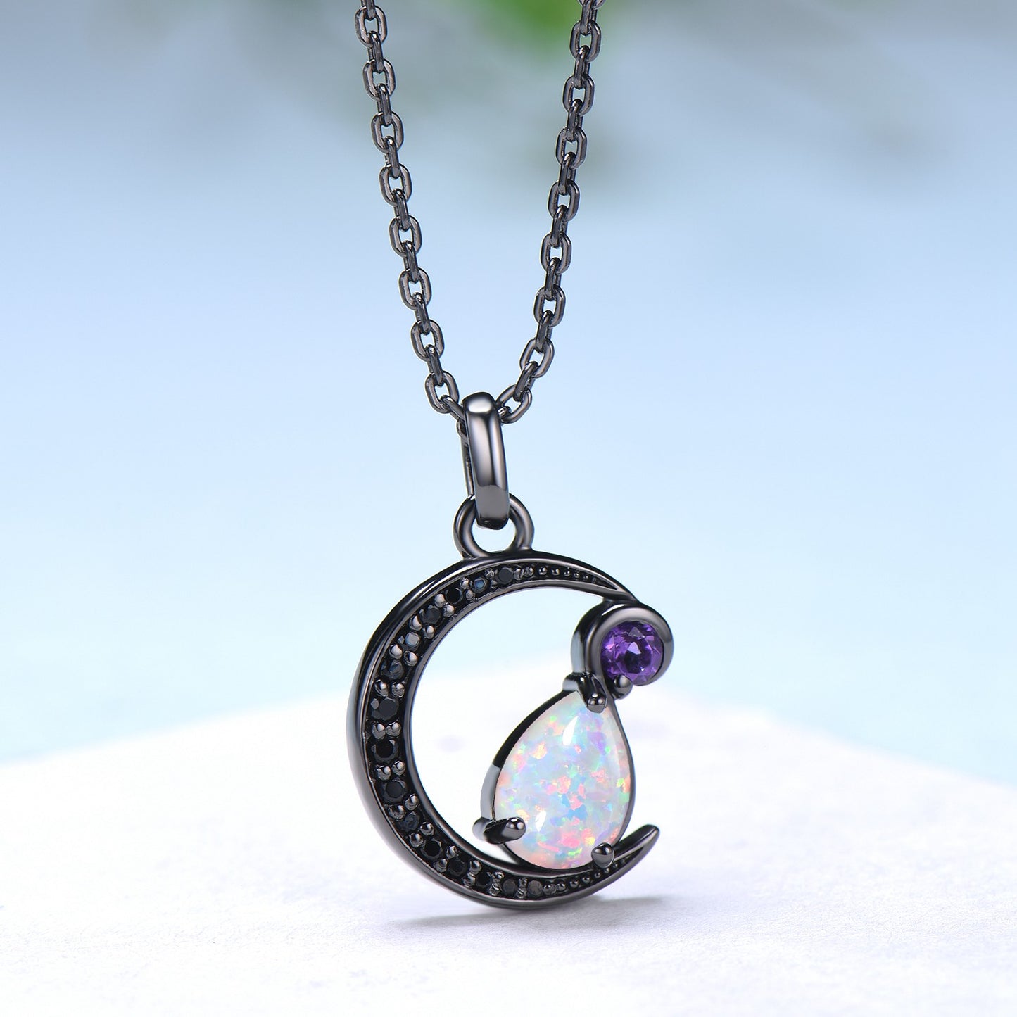 Magic Crescent Moon Black Gold Opal Amethyst Gothic Pendant Necklace Unique Pear Shaped Fire White Opal Black Spinel Necklace Halloween Girl - PENFINE