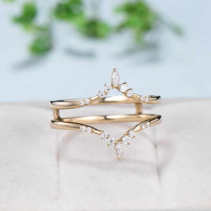 Double Curved V Moissanite Wedding Band Ladies Yellow Gold Wedding Ring Women Vintage Diamond Stacking Bridal Matching Ring Anniversary Gift - PENFINE
