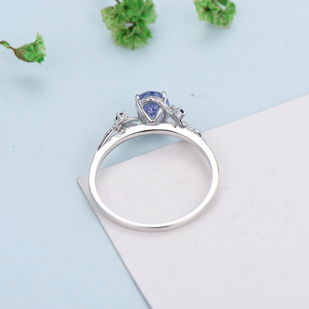 Elegant Blue Tanzanite Ring Vintage Unique Twig Engagement Ring Leaf Cluster Wedding Ring Women Nature inspired Branch Ring Proposal Gift - PENFINE